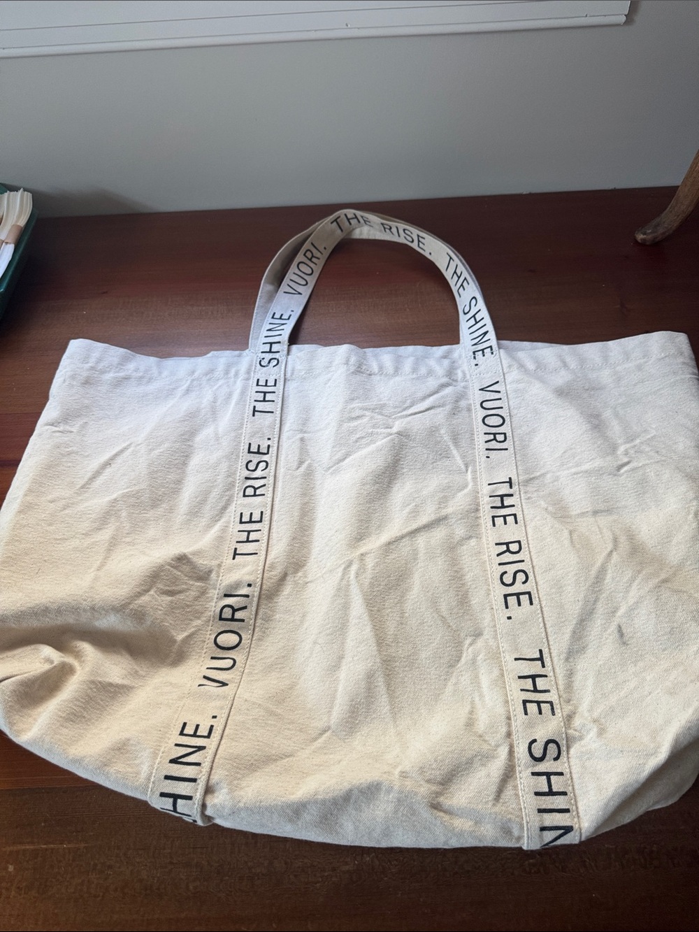 Vuori Cream Canvas Tote with Branded Black-Print Straps